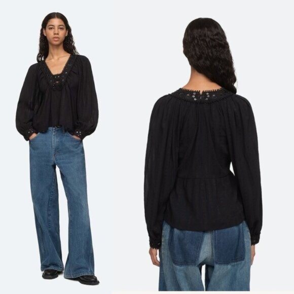 Sea New York NEW Charlotte Black Embellished Long Sleeve V Neck Top Size S - Picture 2 of 11
